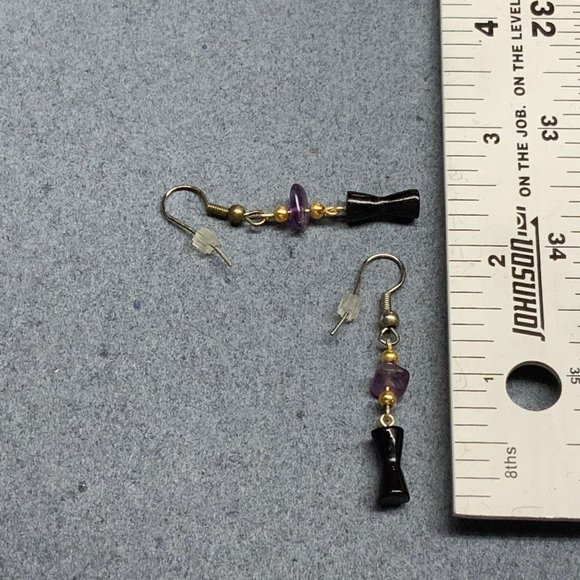 Dangle Pierced Earrings Gold Silver Purple Organic Black Hourglass Retro BoHo - Picture 4 of 4